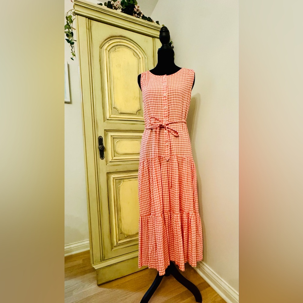Max Studio Pink Gingham Button-Front Maxi Dress with Tie Waist
